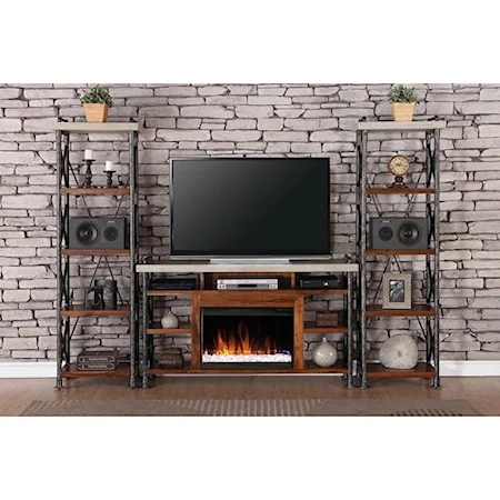 Industrial Fireplace Entertainment Unit with 15 Shelves